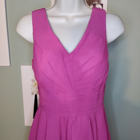 V Neck Midi Dress Chiffon Aline Pleat Lace Up Back In Pink - Picture 3 of 12